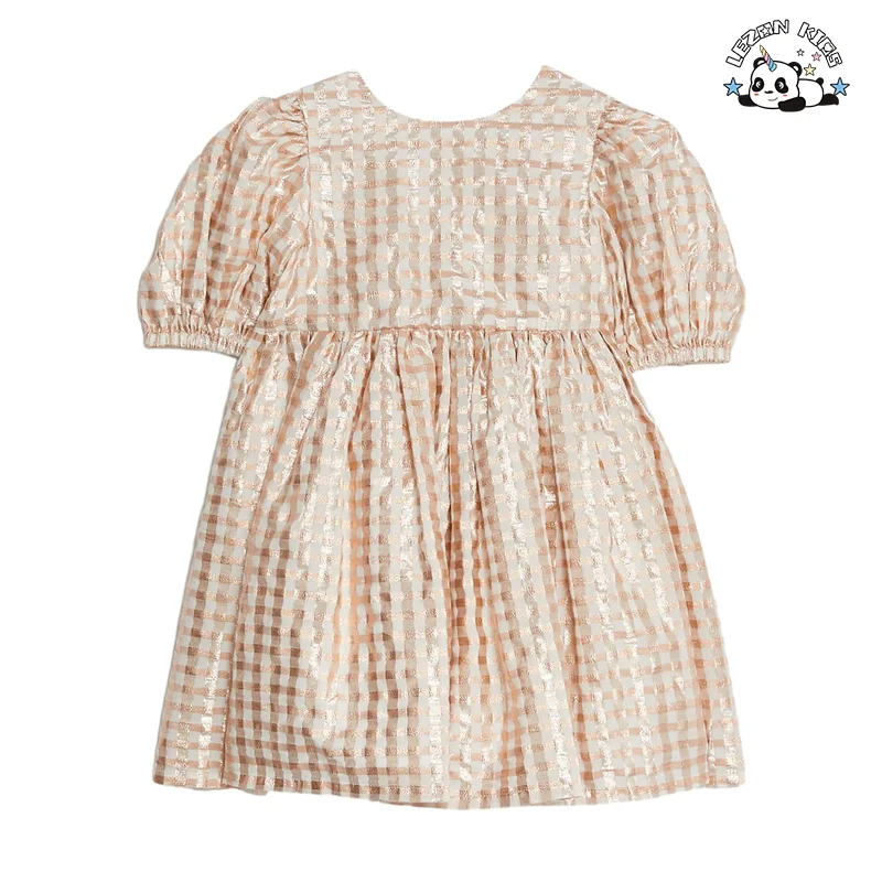 LEZONKIDS - Puff Sleeves Plaid Girls Dress Children's Clothing Round Neck Cotton Girls Summer Dress